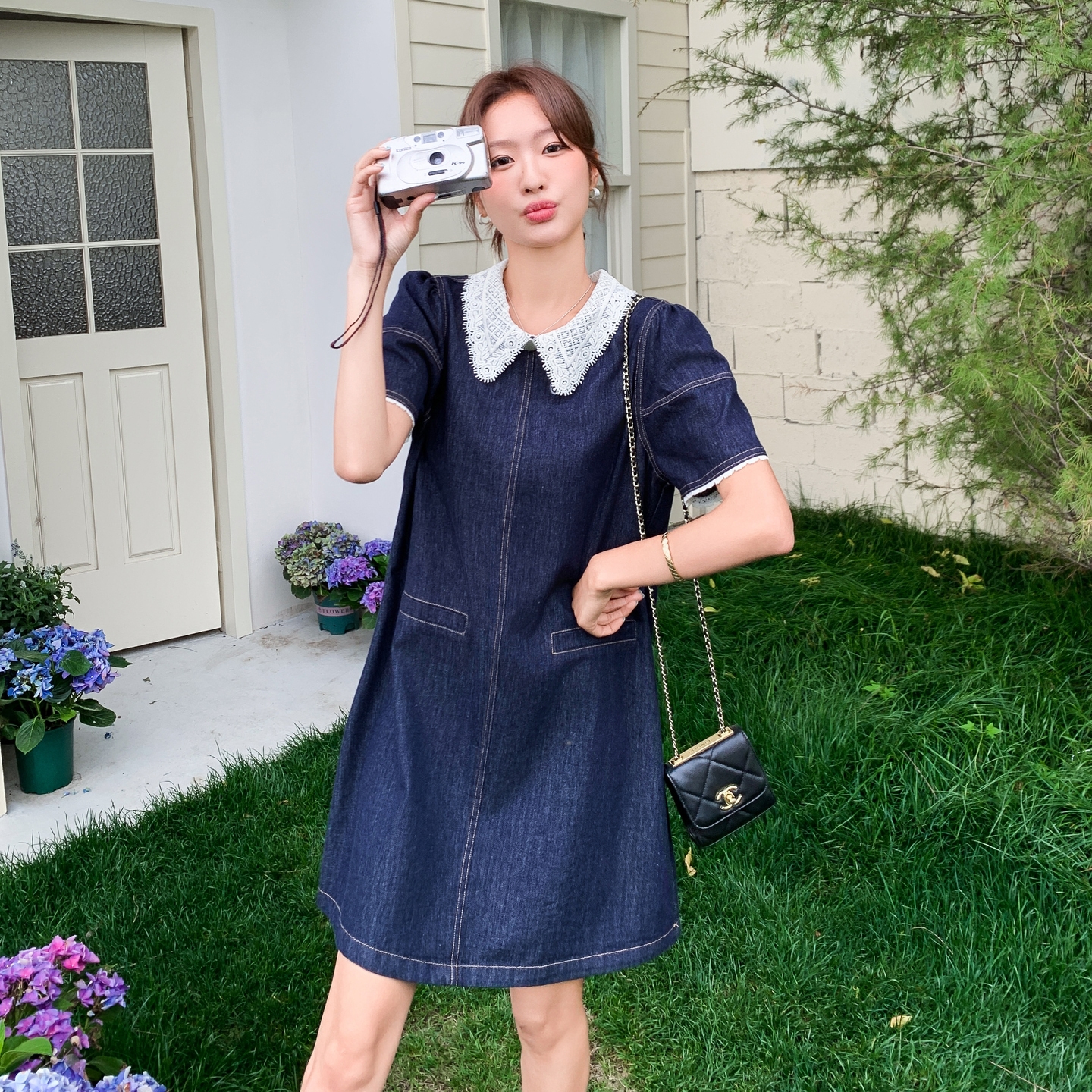 Korean-Style Retro Lace Color-Blocking Denim Dress for Women - Playful Summer Short Skirt in Petite Sizes