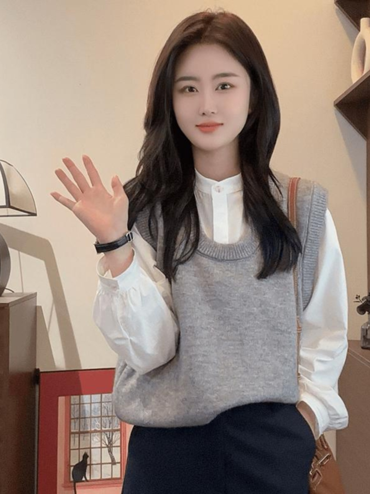 Korean Style Round-Neck Layered Shirt with Gray Knitted Vest for Women - Autumn Winter Sleeveless Top