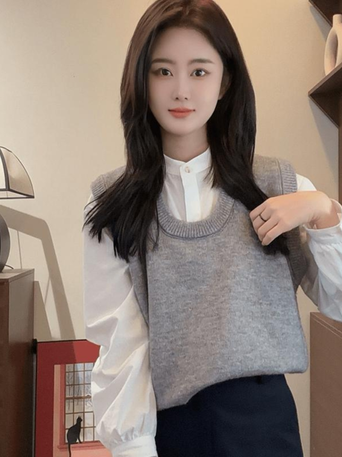 Korean Style Round-Neck Layered Shirt with Gray Knitted Vest for Women - Autumn Winter Sleeveless Top Korean Style Round-Neck Layered Shirt with Gray Knitted Vest for Women - Autumn Winter Sleeveless Top