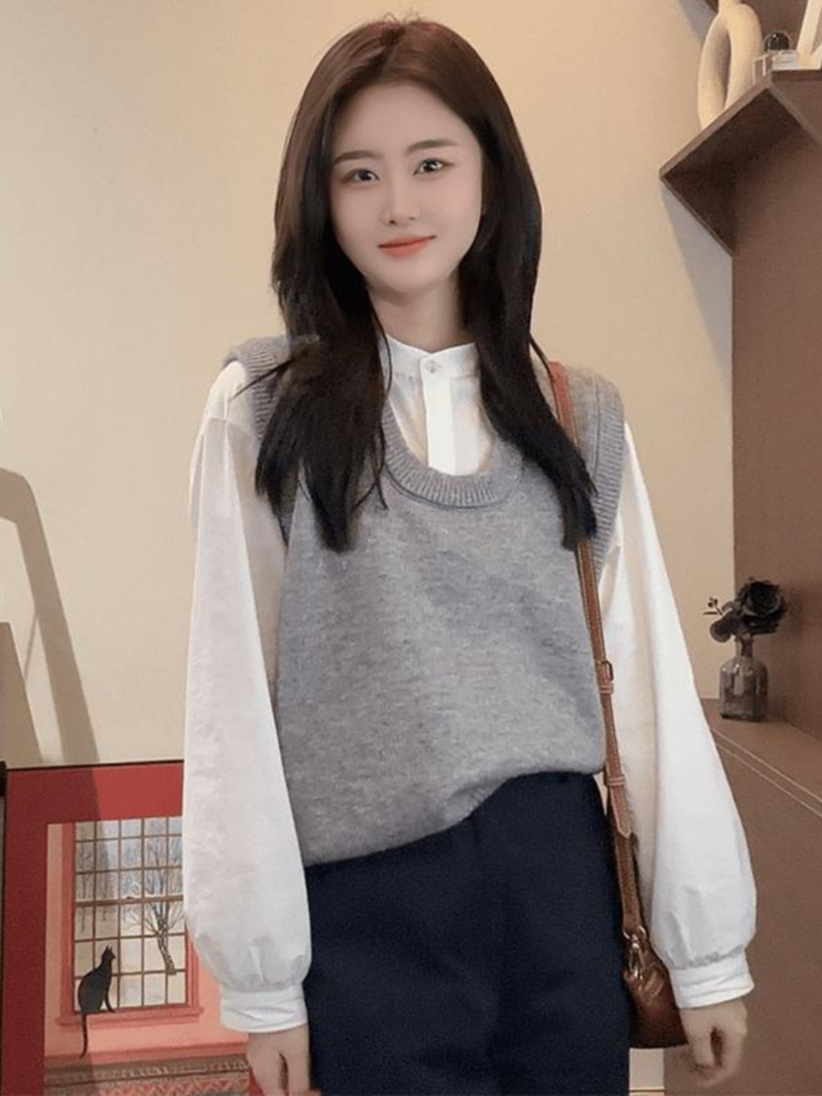 Korean Style Round-Neck Layered Shirt with Gray Knitted Vest for Women - Autumn Winter Sleeveless Top Korean Style Round-Neck Layered Shirt with Gray Knitted Vest for Women - Autumn Winter Sleeveless Top