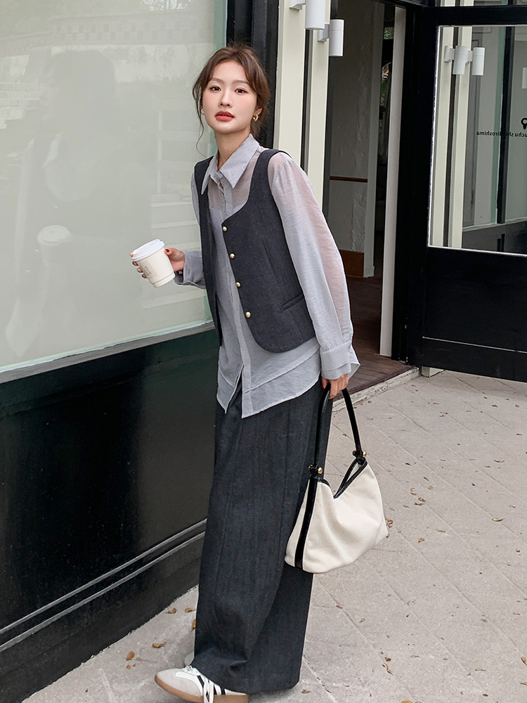 Korean Style Single-Breasted Vest Shirt Set with Wide-Leg Pants - 2025 Spring Women's Three-Piece Trendy Outfit Korean Style Single-Breasted Vest Shirt Set with Wide-Leg Pants - 2025 Spring Women's Three-Piece Trendy Outfit