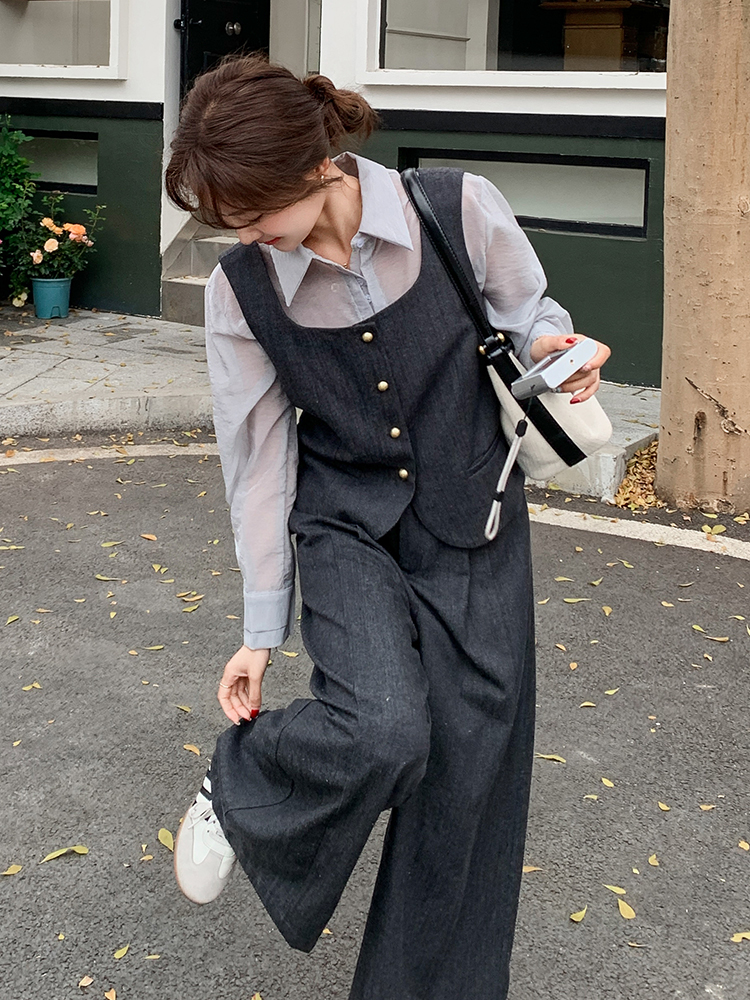 Korean Style Single-Breasted Vest Shirt Set with Wide-Leg Pants - 2025 Spring Women's Three-Piece Trendy Outfit Korean Style Single-Breasted Vest Shirt Set with Wide-Leg Pants - 2025 Spring Women's Three-Piece Trendy Outfit