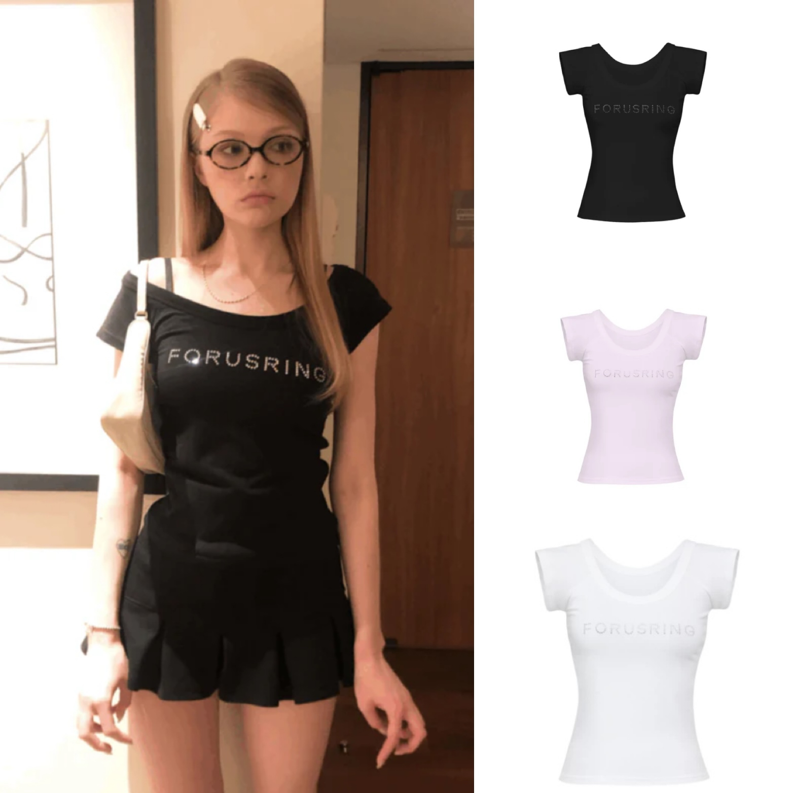 Korean Style Slim-Fit Short Sleeve T-Shirt with Rhinestone Letter Design and Big Round Neck for Spring/Summer 2025 Korean Style Slim-Fit Short Sleeve T-Shirt with Rhinestone Letter Design and Big Round Neck for Spring/Summer 2025