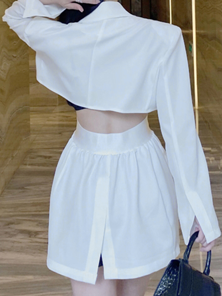 Korean Style Spring Slim Long Blazer Dress with Faux Two-Piece Design and Clever Waist-Exposing Cut for a Chic European Look