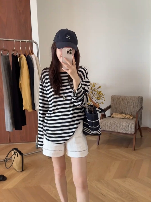 Korean Style Striped Long Sleeve Backless T-Shirt for Women - 2025 Summer Collection, Sun Protection, Niche Design