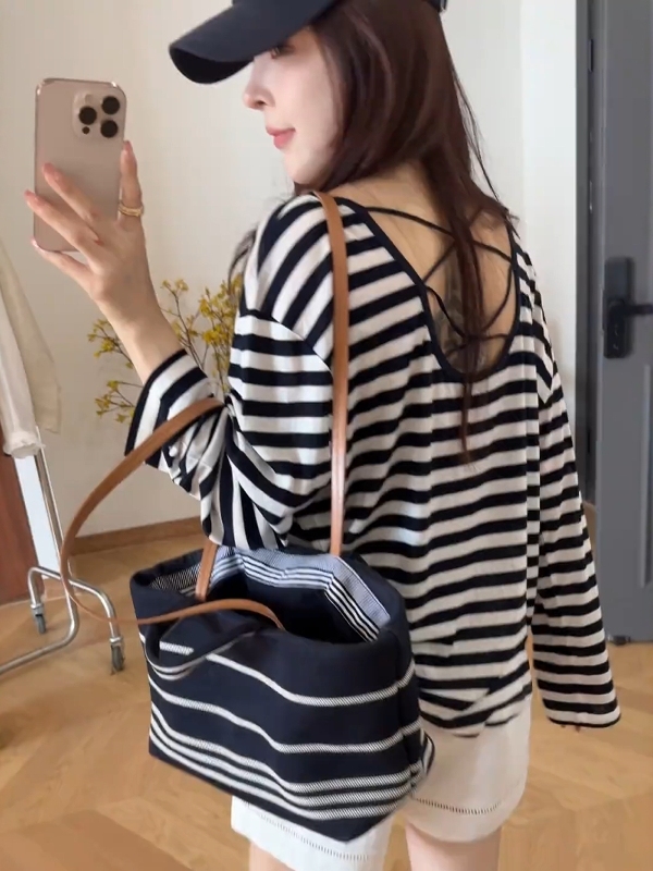 Korean Style Striped Long Sleeve Backless T-Shirt for Women - 2025 Summer Collection, Sun Protection, Niche Design Korean Style Striped Long Sleeve Backless T-Shirt for Women - 2025 Summer Collection, Sun Protection, Niche Design