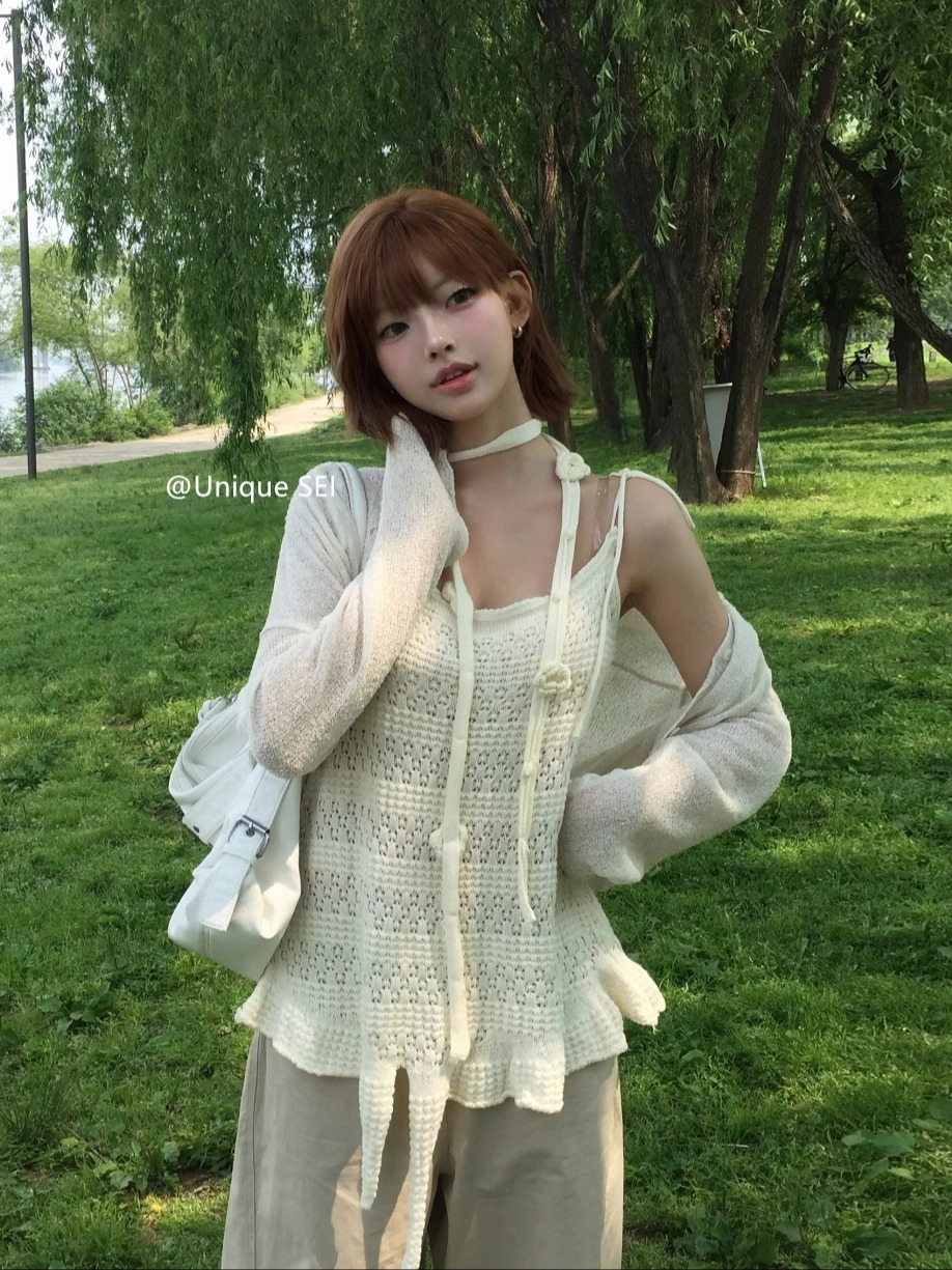Korean-Style Summer Hollow Lace Collar Knitted Camisole Casual Sun Protection Cardigan for Women Korean-Style Summer Hollow Lace Collar Knitted Camisole Casual Sun Protection Cardigan for Women