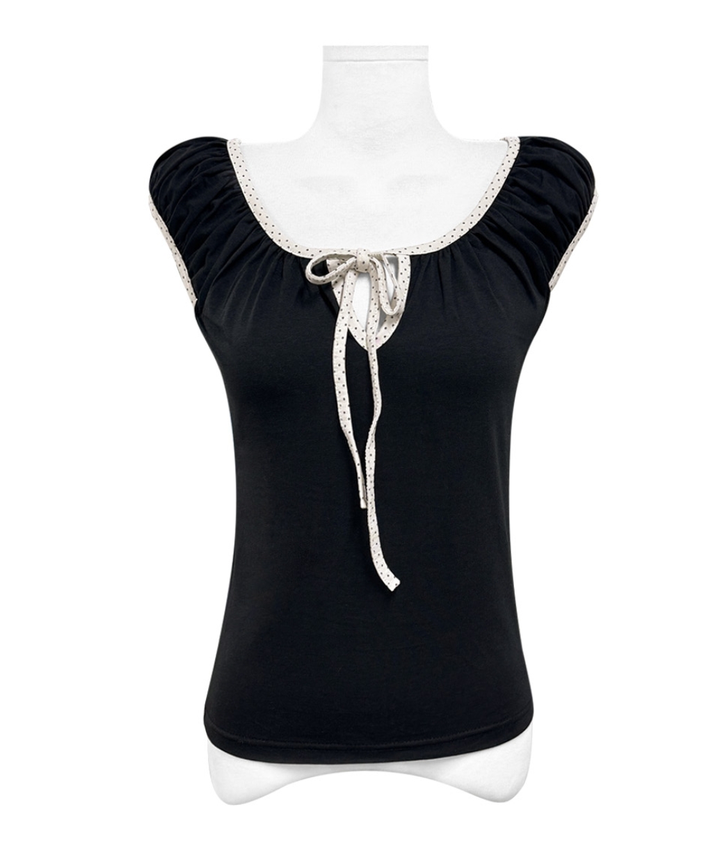 Korean Style Summer Polka Dot Tie-Up Pleated Slim-Fit Short Sleeve T-Shirt & Straight Casual Pants Set