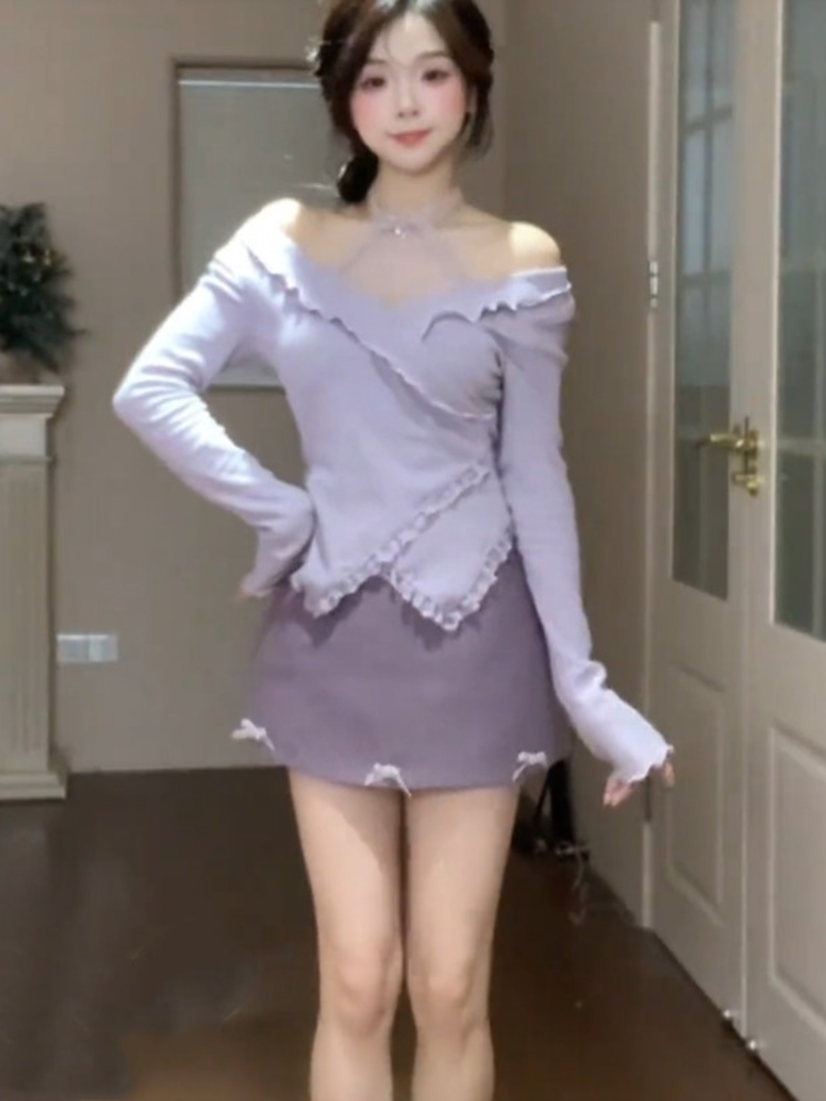 Korean Style Sweet Purple Long Sleeve Top and Skirt Set for Women - Early Spring Fashion Two-Piece Outfit Korean Style Sweet Purple Long Sleeve Top and Skirt Set for Women - Early Spring Fashion Two-Piece Outfit