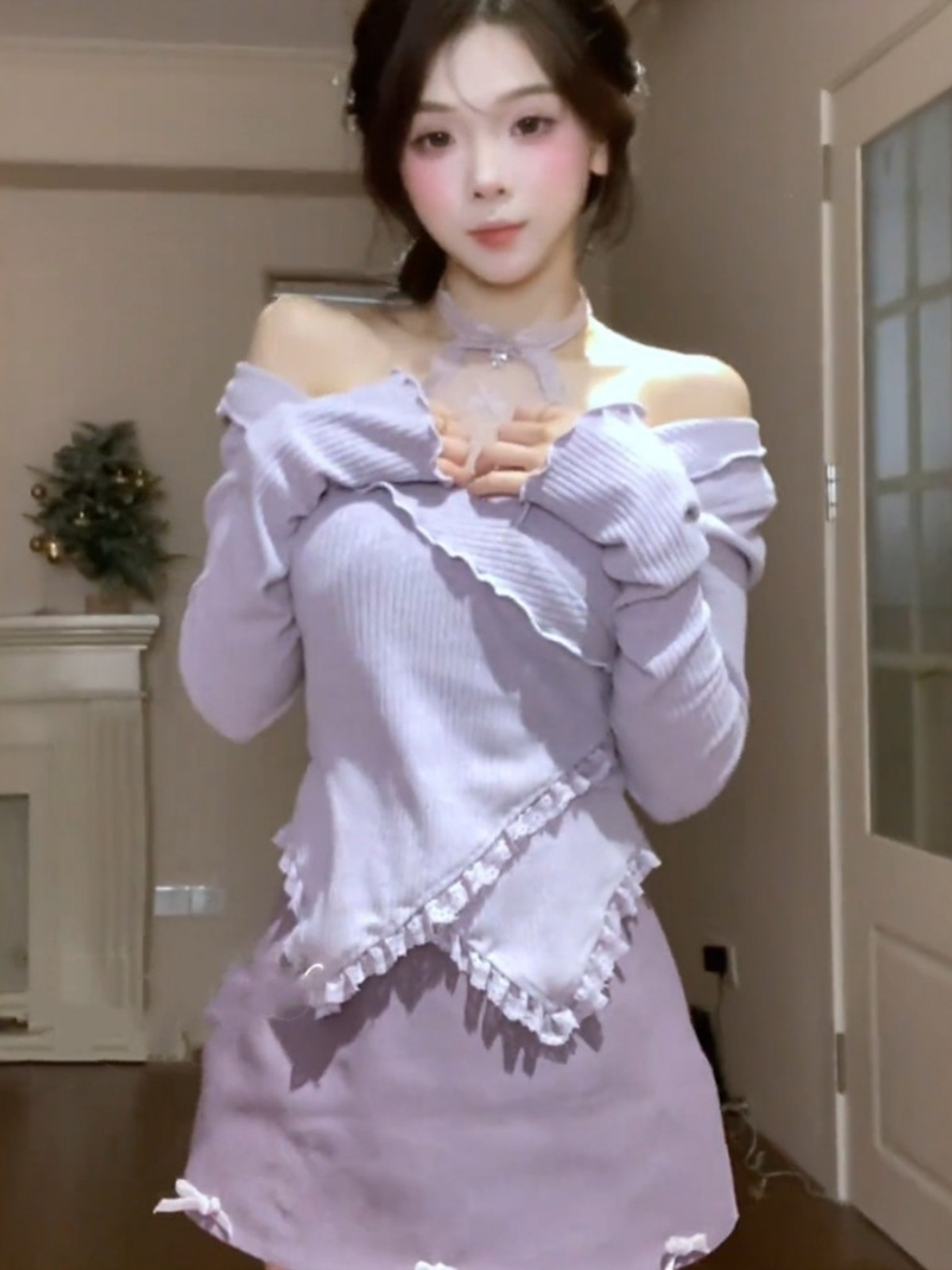 Korean Style Sweet Purple Long Sleeve Top and Skirt Set for Women - Early Spring Fashion Two-Piece Outfit Korean Style Sweet Purple Long Sleeve Top and Skirt Set for Women - Early Spring Fashion Two-Piece Outfit