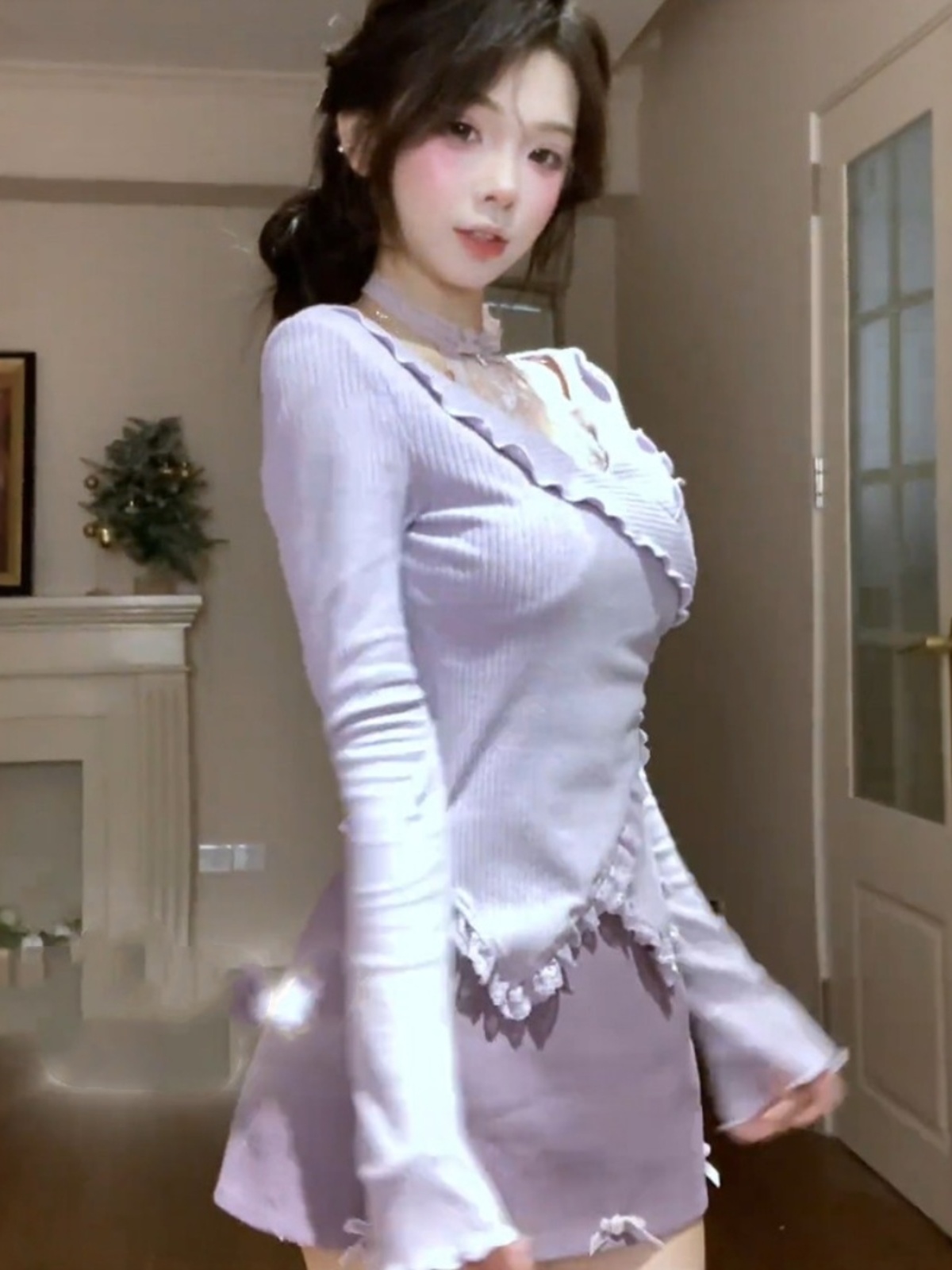 Korean Style Sweet Purple Long Sleeve Top and Skirt Set for Women - Early Spring Fashion Two-Piece Outfit Korean Style Sweet Purple Long Sleeve Top and Skirt Set for Women - Early Spring Fashion Two-Piece Outfit