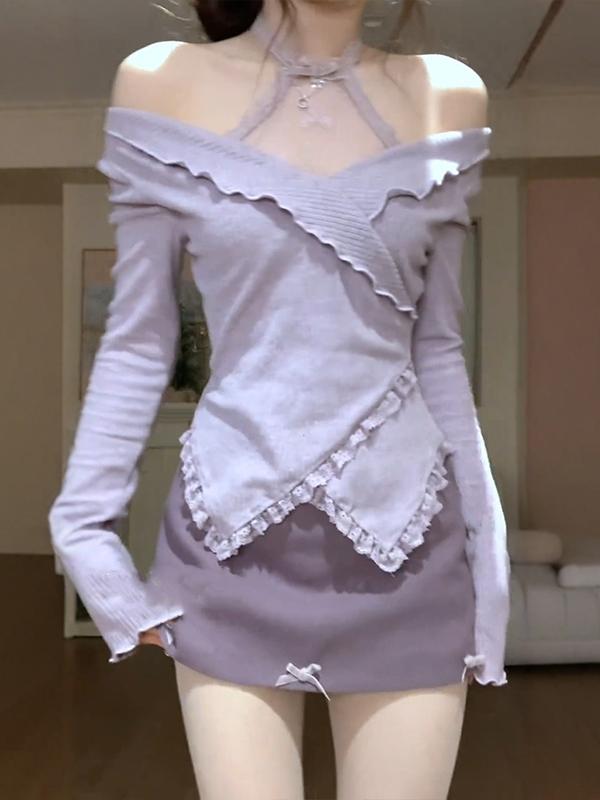 Korean Style Sweet Purple Long Sleeve Top and Skirt Set for Women - Early Spring Fashion Two-Piece Outfit