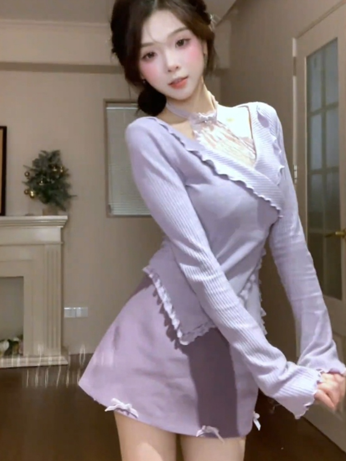 Korean Style Sweet Purple Long Sleeve Top and Skirt Set for Women - Early Spring Fashion Two-Piece Outfit