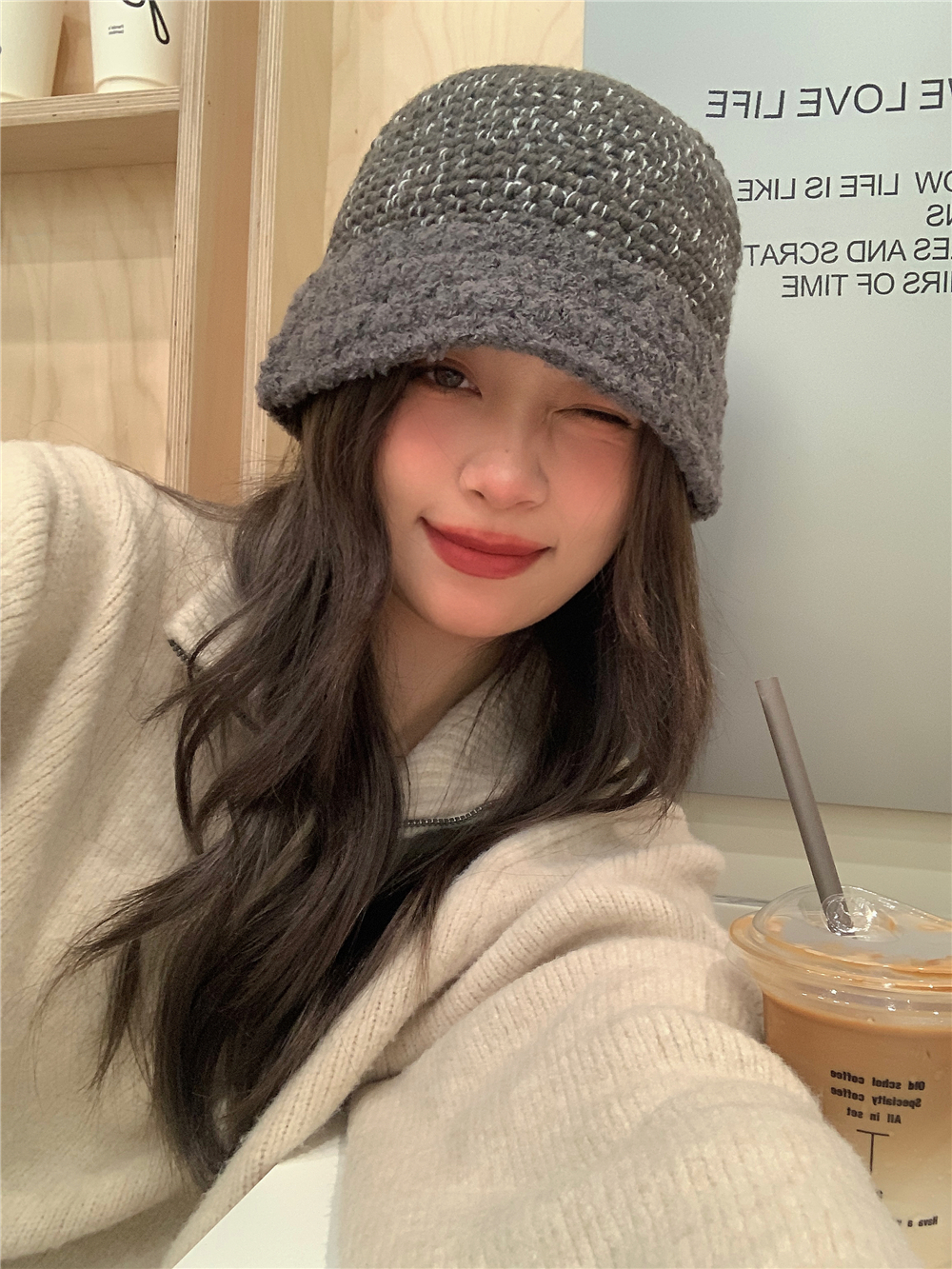 Korean Style Vintage Handmade Color-Block Crochet Yarn Fisherman Hat for Women - Versatile Face-Shaping Small Bucket Hat