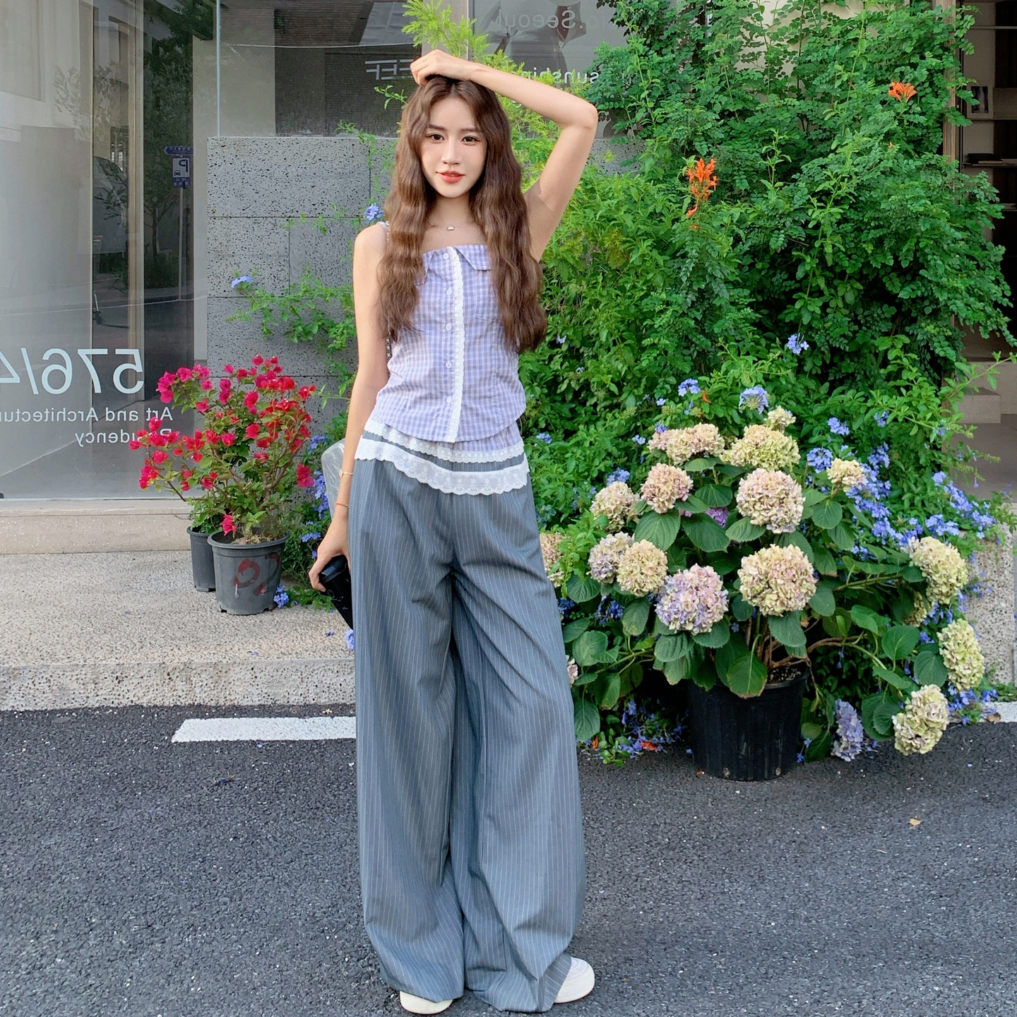 Korean-Style Vintage Plaid Camisole and Wide-Leg Pants Two-Piece Set for Women - Summer 2025 Casual Fashion for Petite Sizes