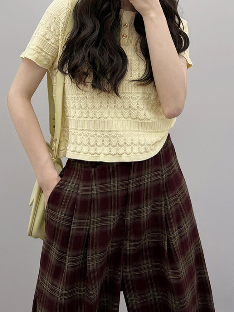 Korean-Style Vintage Red Plaid Wide-Leg Pants for Women - High-Waisted Slimming Casual Summer Trousers 2025 Korean-Style Vintage Red Plaid Wide-Leg Pants for Women - High-Waisted Slimming Casual Summer Trousers 2025