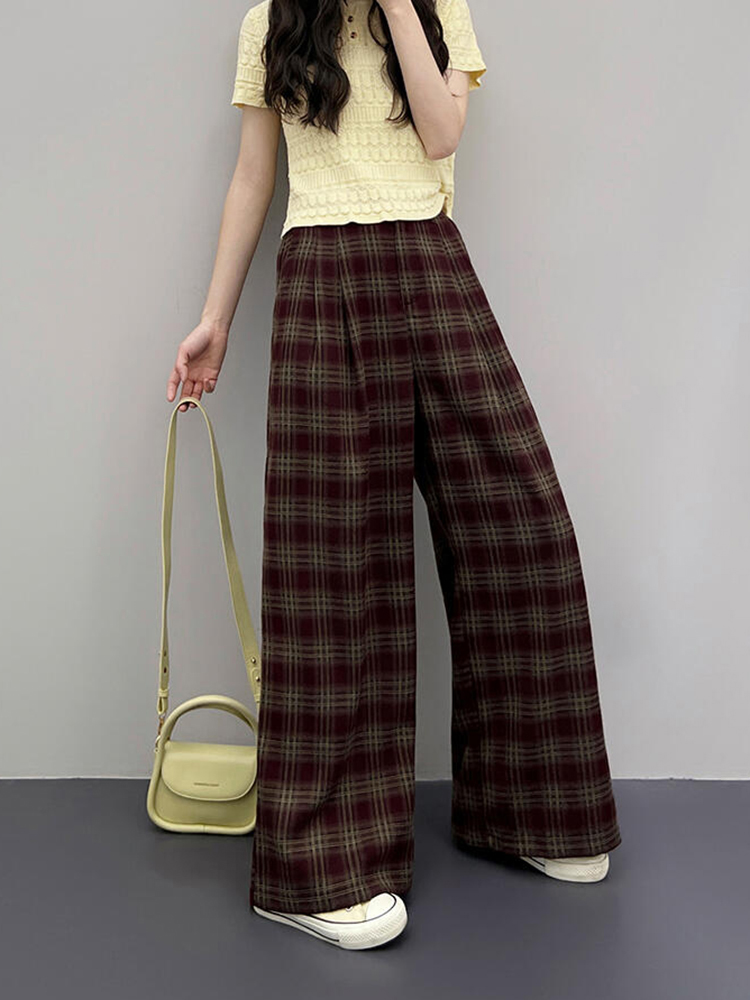 Korean-Style Vintage Red Plaid Wide-Leg Pants for Women - High-Waisted Slimming Casual Summer Trousers 2025