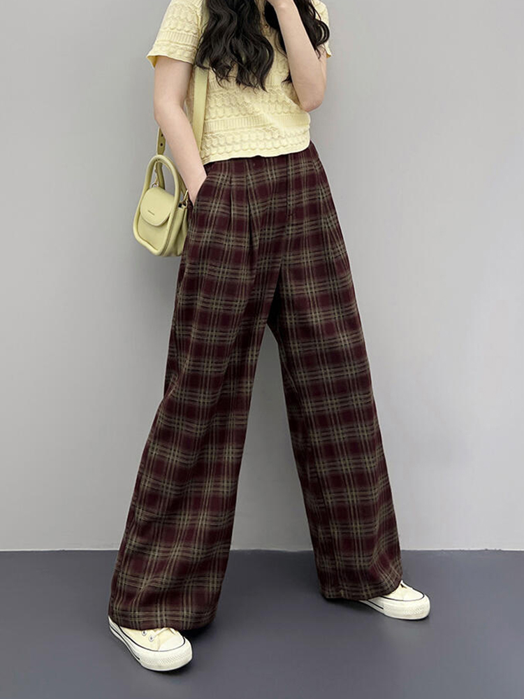 Korean-Style Vintage Red Plaid Wide-Leg Pants for Women - High-Waisted Slimming Casual Summer Trousers 2025 Korean-Style Vintage Red Plaid Wide-Leg Pants for Women - High-Waisted Slimming Casual Summer Trousers 2025