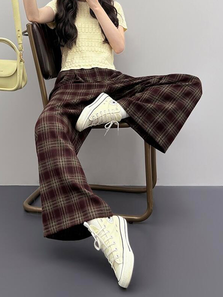 Korean-Style Vintage Red Plaid Wide-Leg Pants for Women - High-Waisted Slimming Casual Summer Trousers 2025 Korean-Style Vintage Red Plaid Wide-Leg Pants for Women - High-Waisted Slimming Casual Summer Trousers 2025