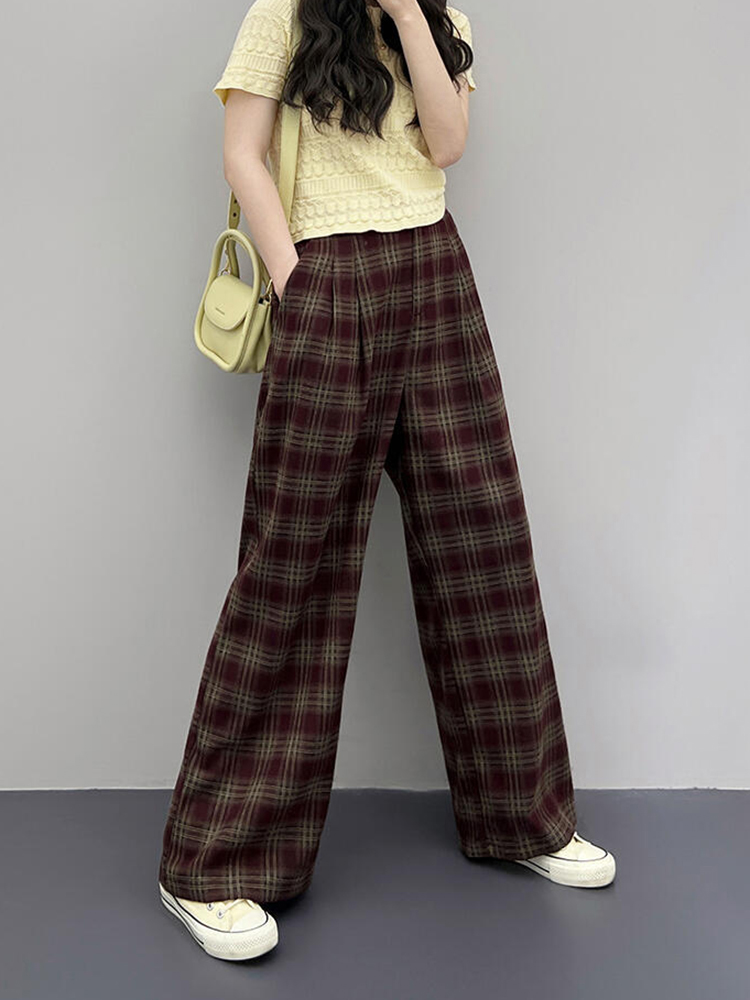 Korean-Style Vintage Red Plaid Wide-Leg Pants for Women - High-Waisted Slimming Casual Summer Trousers 2025