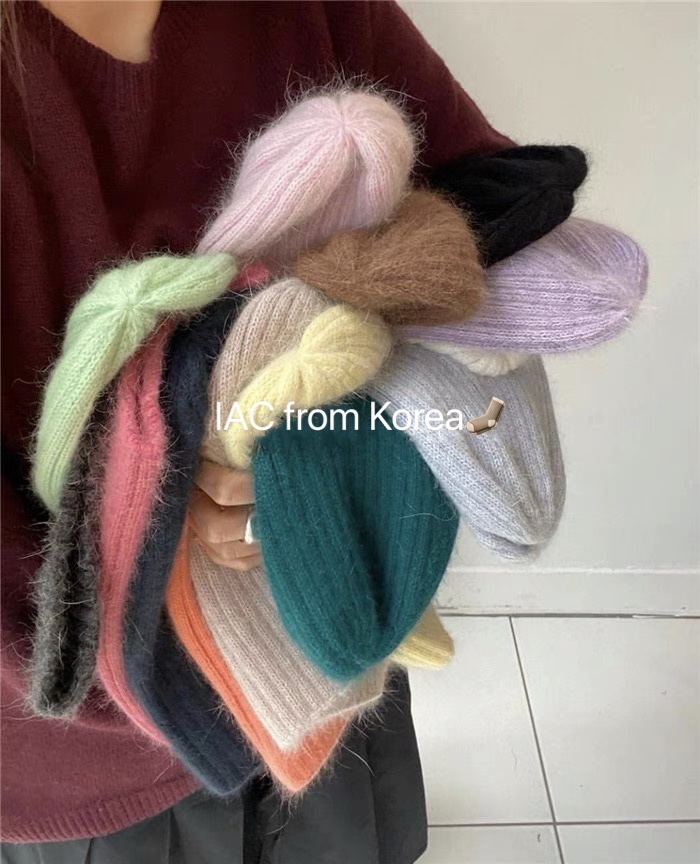 Korean Style Wide Ribbed Angora Rabbit Hair Yarn Hat in Multi-Color - Cozy Winter Accessory for Fashion-Forward Looks Korean Style Wide Ribbed Angora Rabbit Hair Yarn Hat in Multi-Color - Cozy Winter Accessory for Fashion-Forward Looks