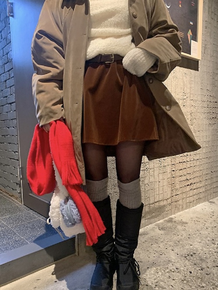 Korean Style Winter Mini Skirt Set with Waist Belt in Beautiful Matte Velvet - Trendy Fashion for Girls Korean Style Winter Mini Skirt Set with Waist Belt in Beautiful Matte Velvet - Trendy Fashion for Girls