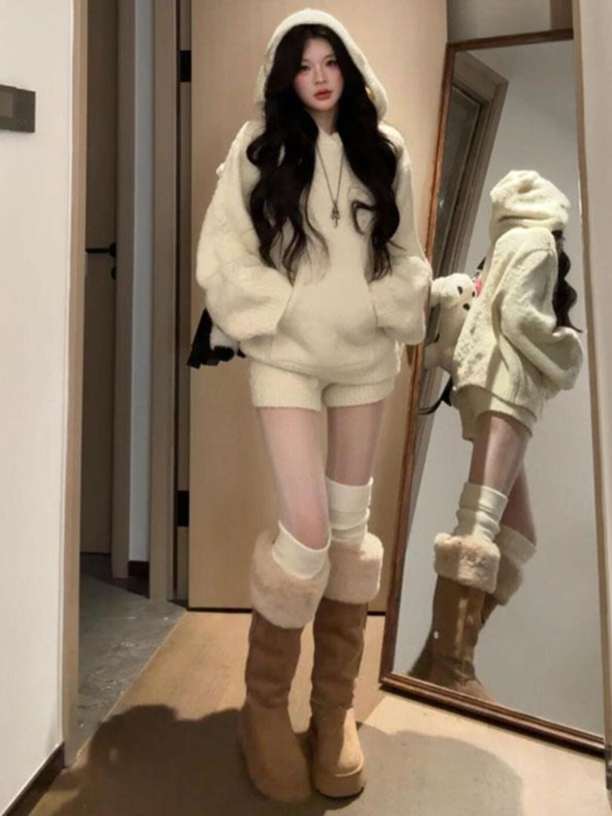 Korean-Style Winter Two-Piece Set: Casual Hooded Top & High-Waisted Slimming Shorts for Women