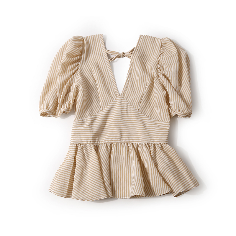 Korean Style Women's Summer Casual Top - Deep V-Neck, Tied Backless, Slim Fit Striped Design for Effortless European Fashion Korean Style Women's Summer Casual Top - Deep V-Neck, Tied Backless, Slim Fit Striped Design for Effortless European Fashion