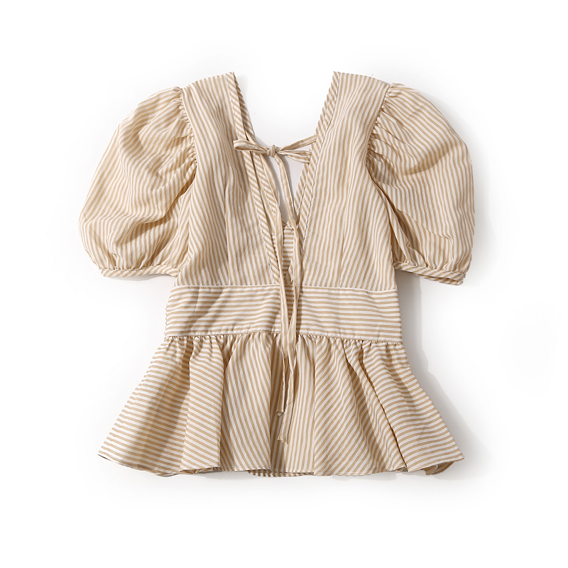 Korean Style Women's Summer Casual Top - Deep V-Neck, Tied Backless, Slim Fit Striped Design for Effortless European Fashion Korean Style Women's Summer Casual Top - Deep V-Neck, Tied Backless, Slim Fit Striped Design for Effortless European Fashion