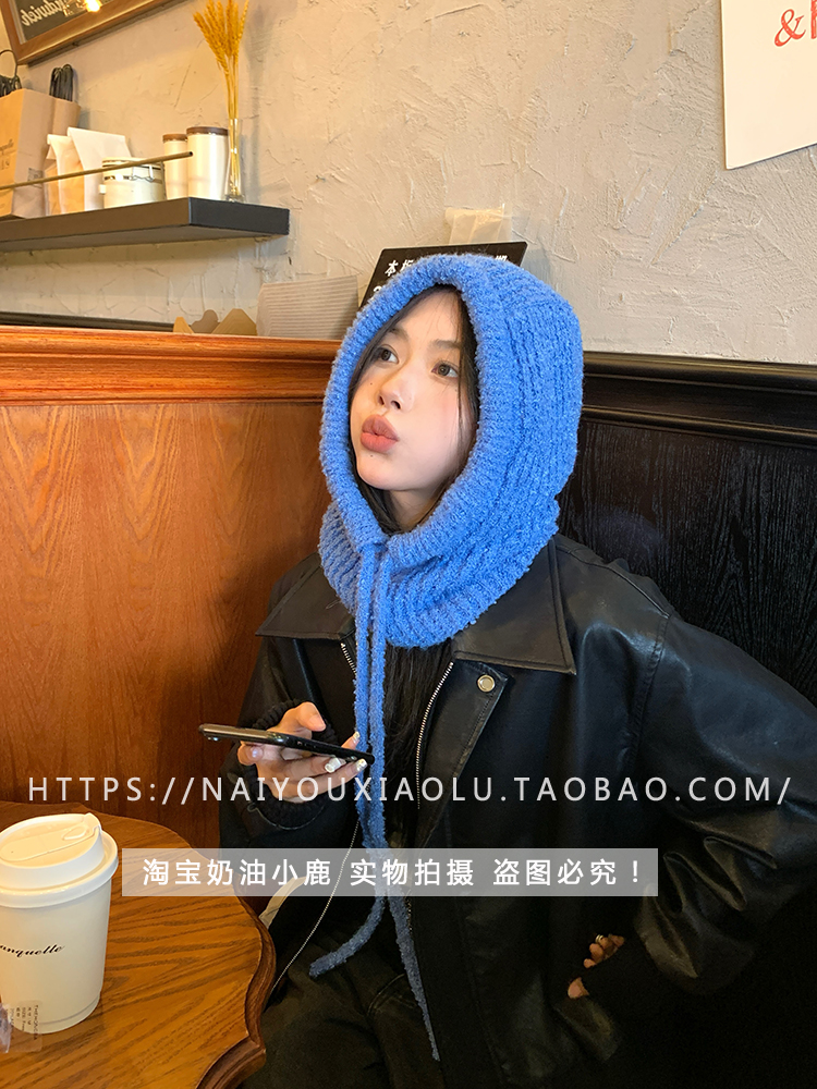 Korean Trendy Blue Soft Cozy Knitted Balaclava Neck Warmer Hat for Winter Style Korean Trendy Blue Soft Cozy Knitted Balaclava Neck Warmer Hat for Winter Style