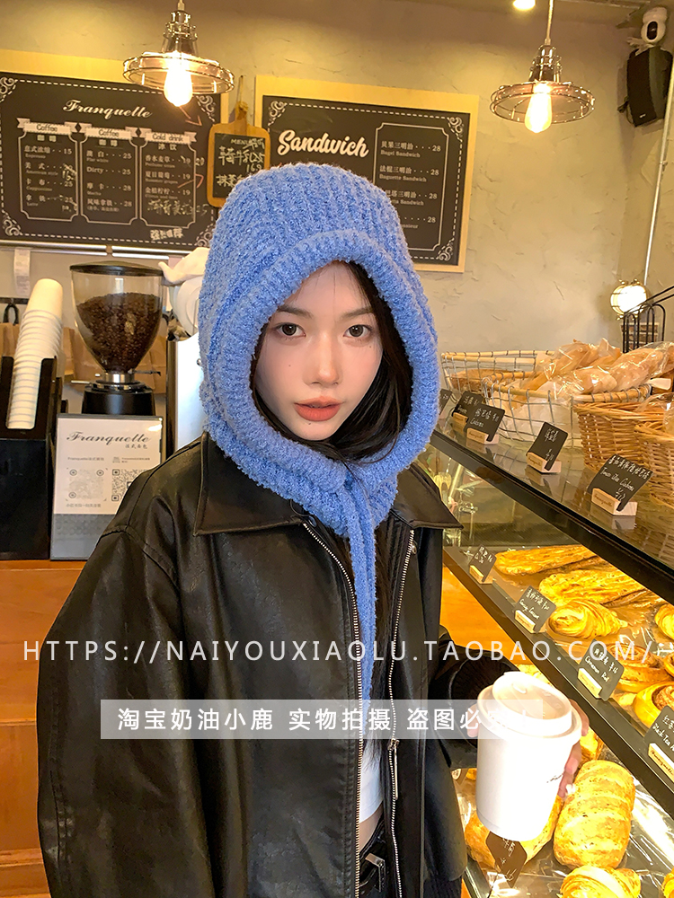 Korean Trendy Blue Soft Cozy Knitted Balaclava Neck Warmer Hat for Winter Style Korean Trendy Blue Soft Cozy Knitted Balaclava Neck Warmer Hat for Winter Style