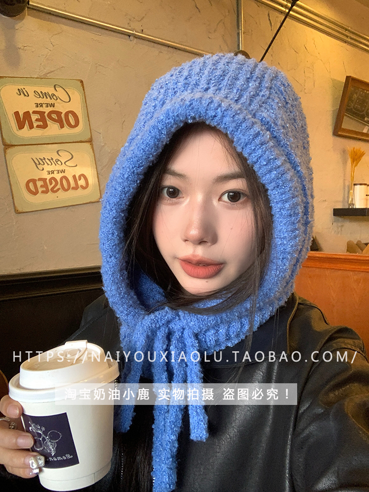 Korean Trendy Blue Soft Cozy Knitted Balaclava Neck Warmer Hat for Winter Style Korean Trendy Blue Soft Cozy Knitted Balaclava Neck Warmer Hat for Winter Style