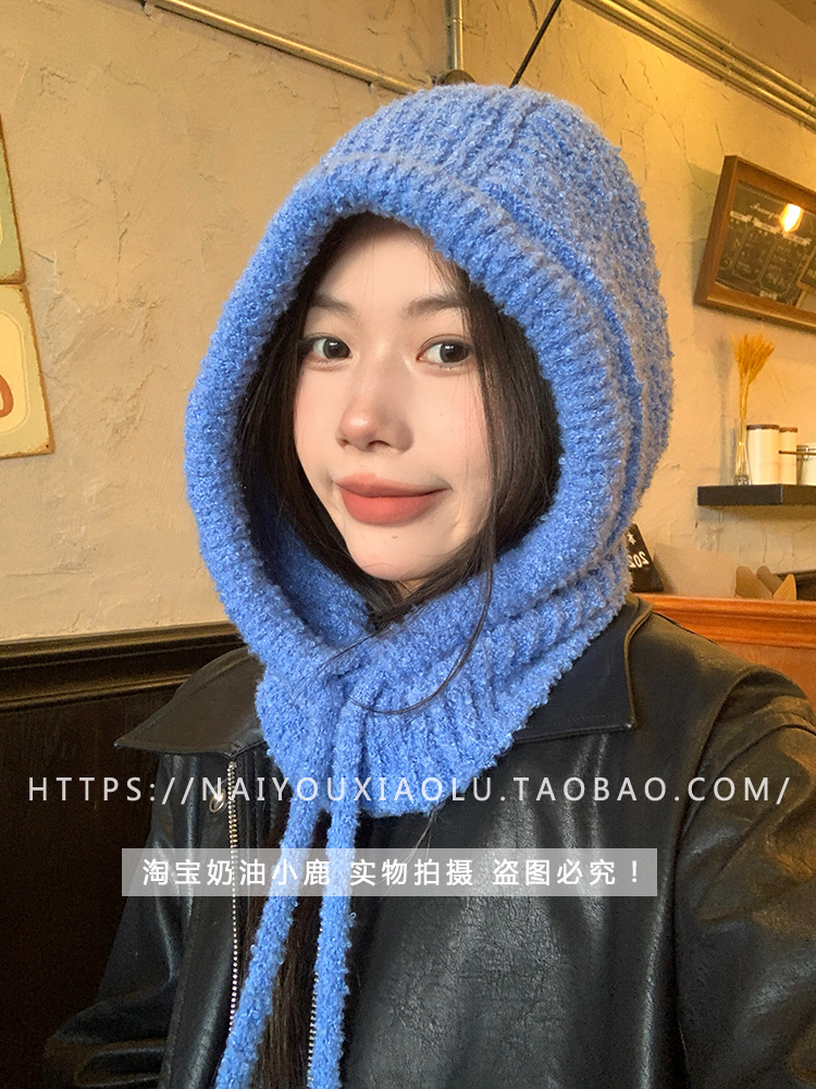 Korean Trendy Blue Soft Cozy Knitted Balaclava Neck Warmer Hat for Winter Style Korean Trendy Blue Soft Cozy Knitted Balaclava Neck Warmer Hat for Winter Style