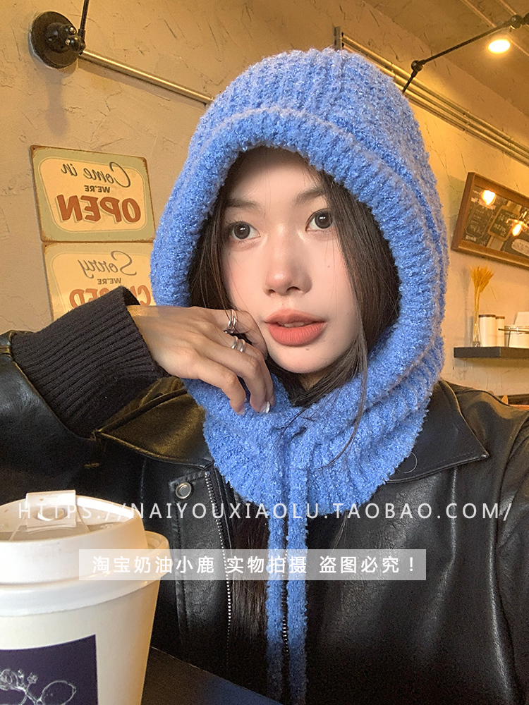 Korean Trendy Blue Soft Cozy Knitted Balaclava Neck Warmer Hat for Winter Style Korean Trendy Blue Soft Cozy Knitted Balaclava Neck Warmer Hat for Winter Style