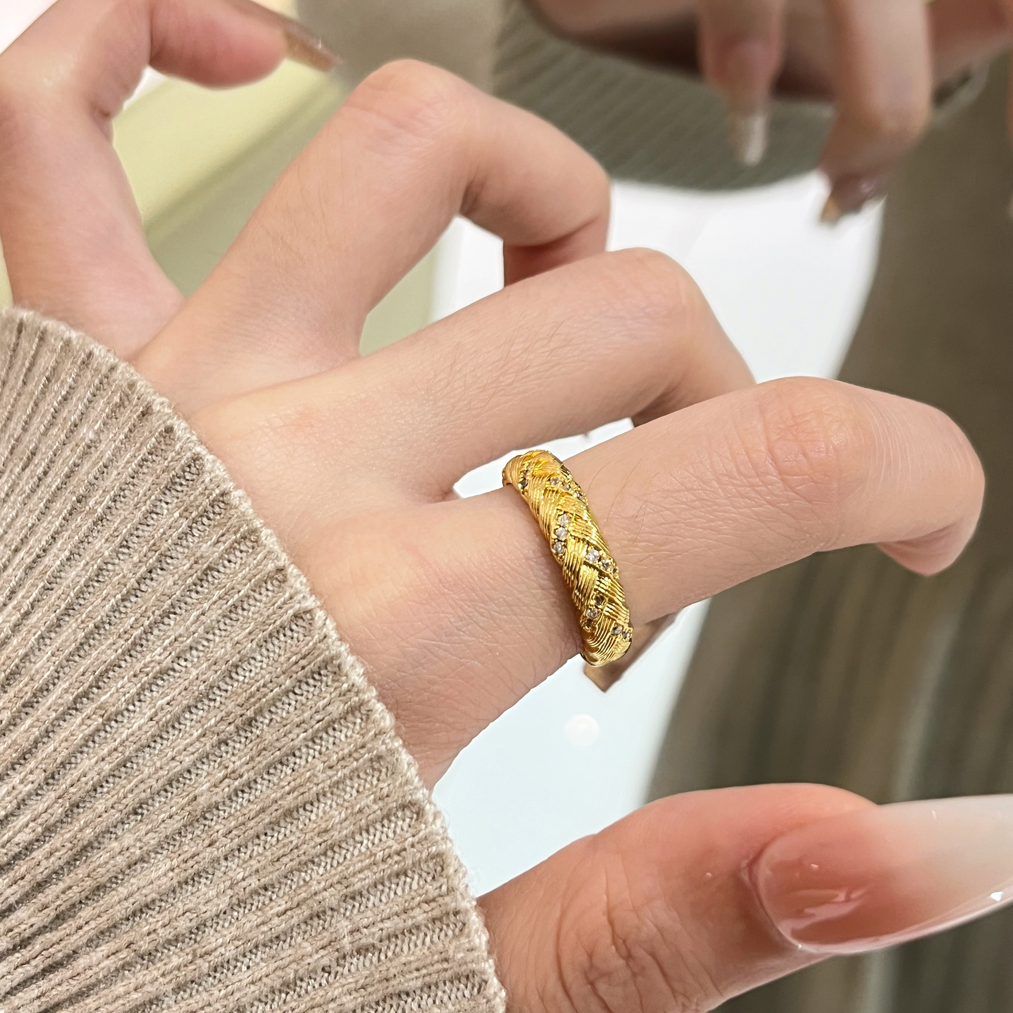 Korean Vintage Diamond-Studded Gold-Plated Silver Ring for Women, Adjustable Open Ring, Trendy High-End Fashion Accessory