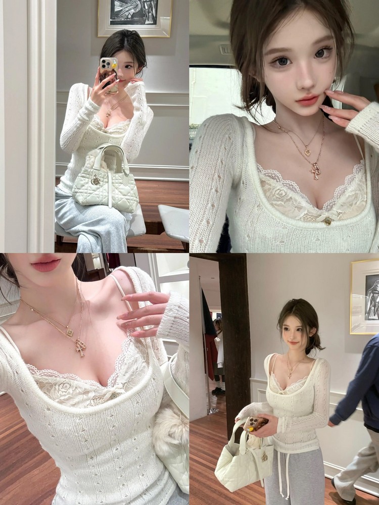 Lace Camisole Knit Top Set for Women - Slim Fit Hollow-Out Base Layer - Sexy Spring Style Lace Camisole Knit Top Set for Women - Slim Fit Hollow-Out Base Layer - Sexy Spring Style