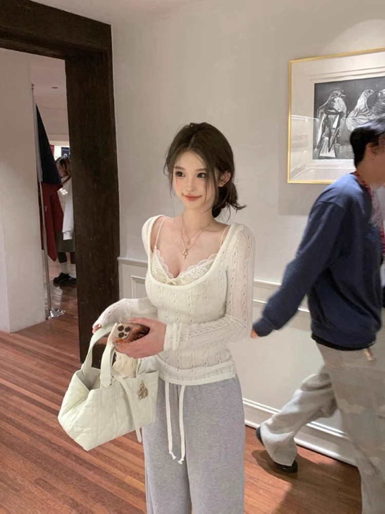 Lace Camisole Knit Top Set for Women - Slim Fit Hollow-Out Base Layer - Sexy Spring Style
