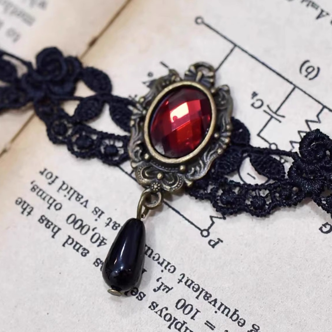 Lace Choker Necklace with Red Beads - Vintage Dark Lolita Style Clavicle Chain Accessory