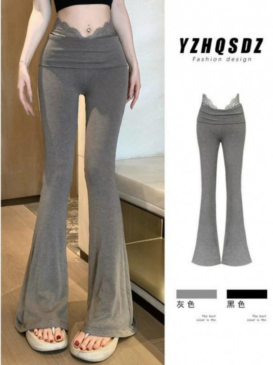 Lace Patchwork High-Waisted Slimming Yoga Flared Pants for Women - Casual Autumn Winter Long Trousers with Draped Effect