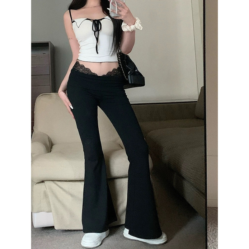 Lace Patchwork High-Waisted Slimming Yoga Flared Pants for Women - Casual Autumn Winter Long Trousers with Draped Effect Lace Patchwork High-Waisted Slimming Yoga Flared Pants for Women - Casual Autumn Winter Long Trousers with Draped Effect