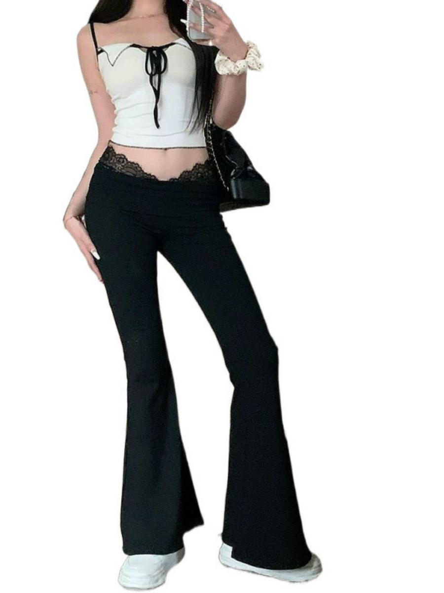 Lace Patchwork High-Waisted Slimming Yoga Flared Pants for Women - Casual Autumn Winter Long Trousers with Draped Effect Lace Patchwork High-Waisted Slimming Yoga Flared Pants for Women - Casual Autumn Winter Long Trousers with Draped Effect