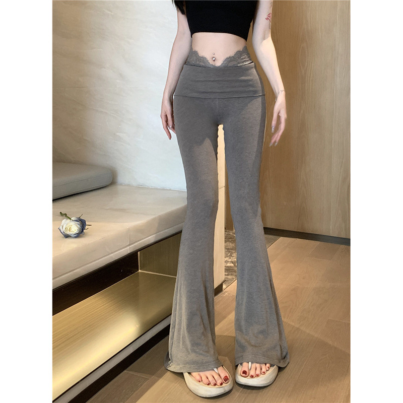 Lace Patchwork High-Waisted Slimming Yoga Flared Pants for Women - Casual Autumn Winter Long Trousers with Draped Effect
