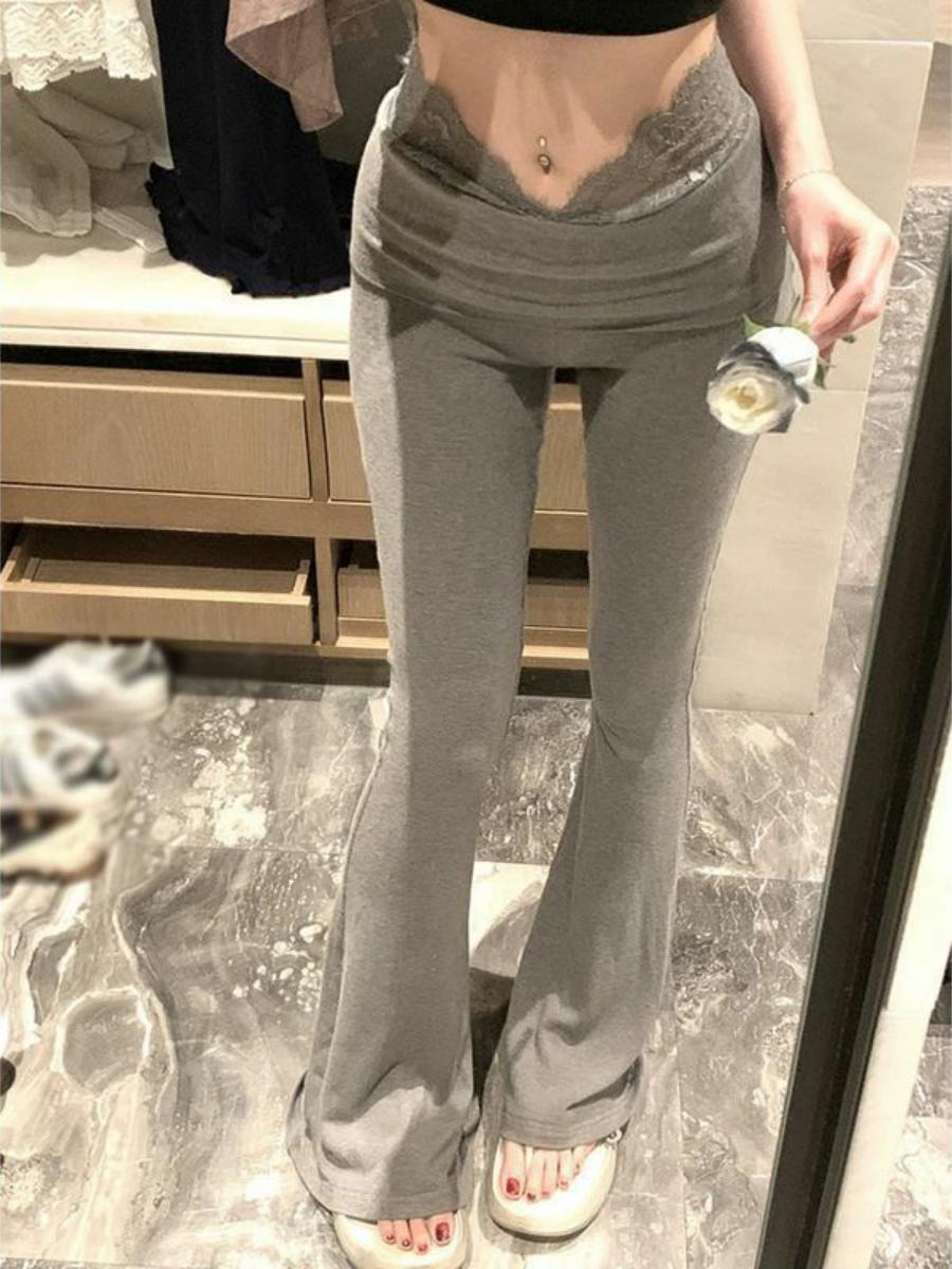 Lace Patchwork High-Waisted Slimming Yoga Flared Pants for Women - Casual Autumn Winter Long Trousers with Draped Effect Lace Patchwork High-Waisted Slimming Yoga Flared Pants for Women - Casual Autumn Winter Long Trousers with Draped Effect