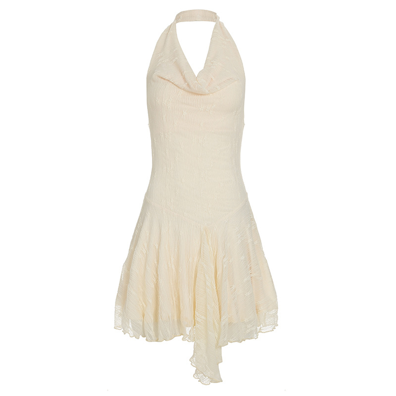 Lace Semi-Transparent Halter Dress with Irregular Hem - Sexy Vacation Style, European & American Fashion, Waist-Cinching Design