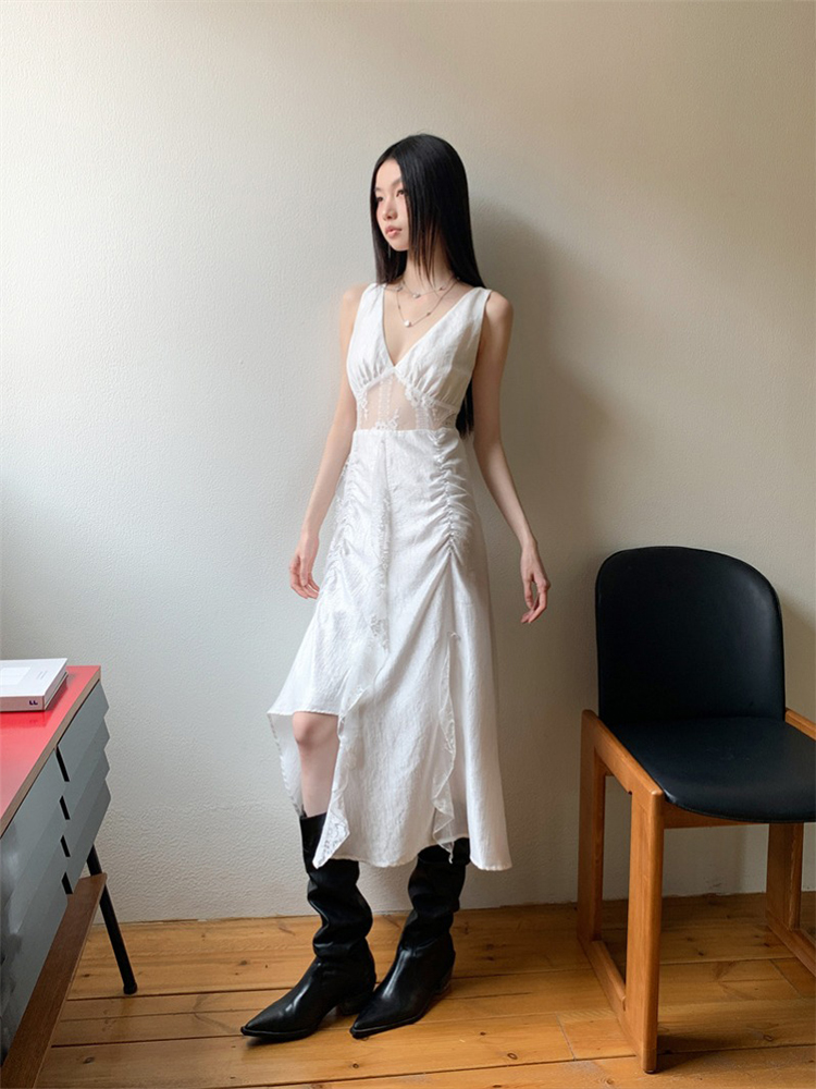 Lace Sheer Camisole Dress - French Style, Elegant White, Waist-Cinching, Slimming Long Dress for a Sexy, Chic Look Lace Sheer Camisole Dress - French Style, Elegant White, Waist-Cinching, Slimming Long Dress for a Sexy, Chic Look