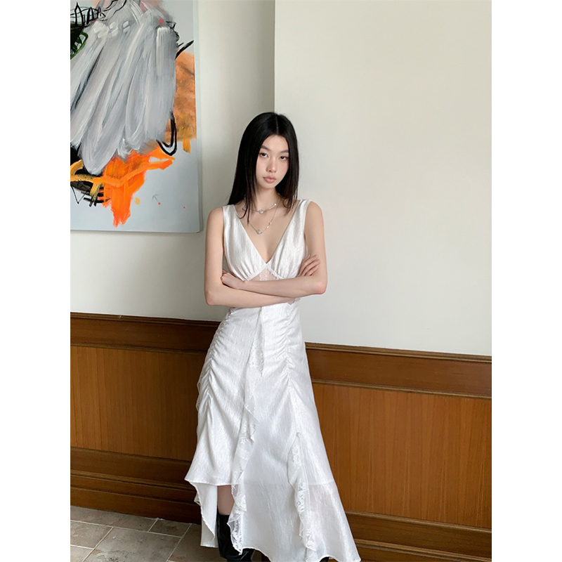 Lace Sheer Camisole Dress - French Style, Elegant White, Waist-Cinching, Slimming Long Dress for a Sexy, Chic Look