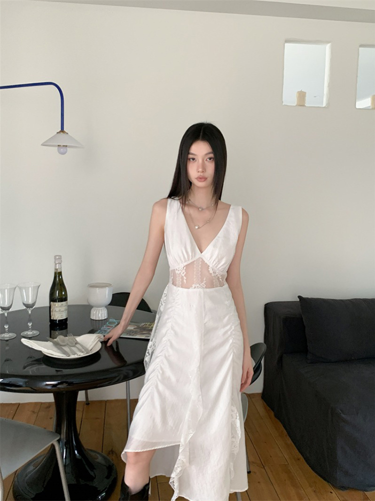 Lace Sheer Camisole Dress - French Style, Elegant White, Waist-Cinching, Slimming Long Dress for a Sexy, Chic Look Lace Sheer Camisole Dress - French Style, Elegant White, Waist-Cinching, Slimming Long Dress for a Sexy, Chic Look