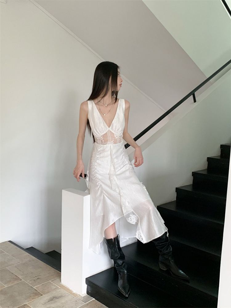 Lace Sheer Camisole Dress - French Style, Elegant White, Waist-Cinching, Slimming Long Dress for a Sexy, Chic Look Lace Sheer Camisole Dress - French Style, Elegant White, Waist-Cinching, Slimming Long Dress for a Sexy, Chic Look