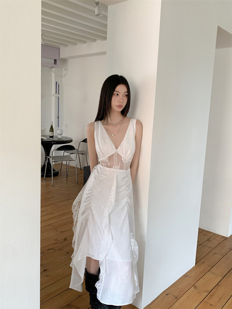 Lace Sheer Camisole Dress - French Style, Elegant White, Waist-Cinching, Slimming Long Dress for a Sexy, Chic Look Lace Sheer Camisole Dress - French Style, Elegant White, Waist-Cinching, Slimming Long Dress for a Sexy, Chic Look