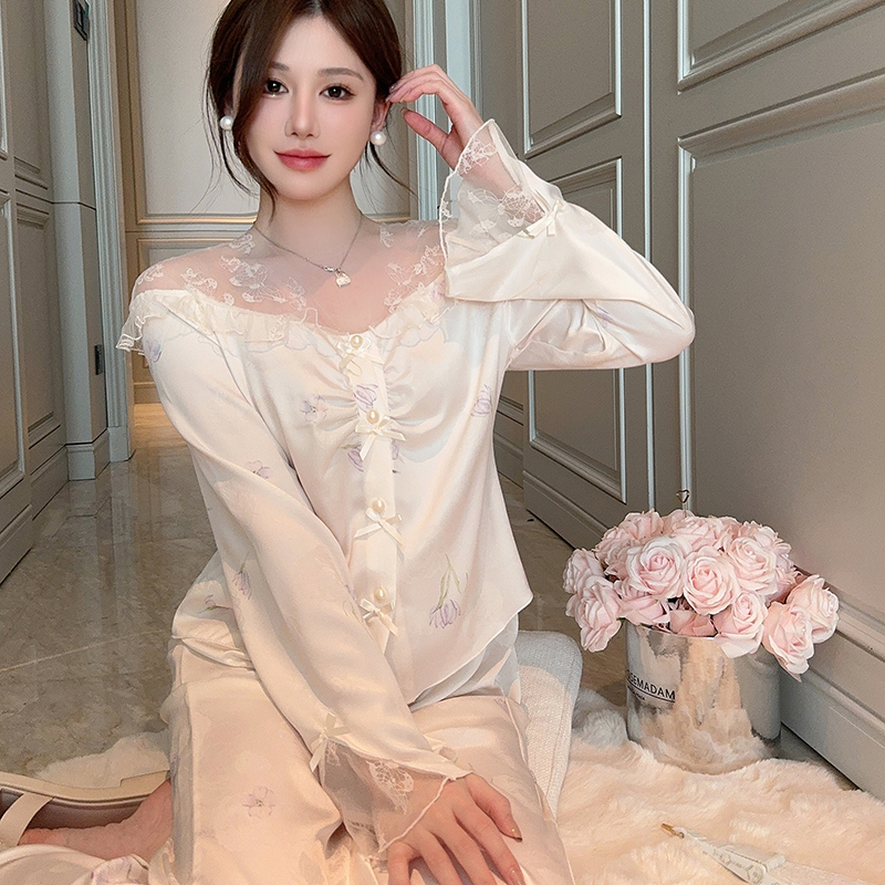Lace Silk Satin Pajamas Set for Women, Sexy Long Sleeve Homewear, High-End Spring Autumn Sleepwear, Versatile Summer Style